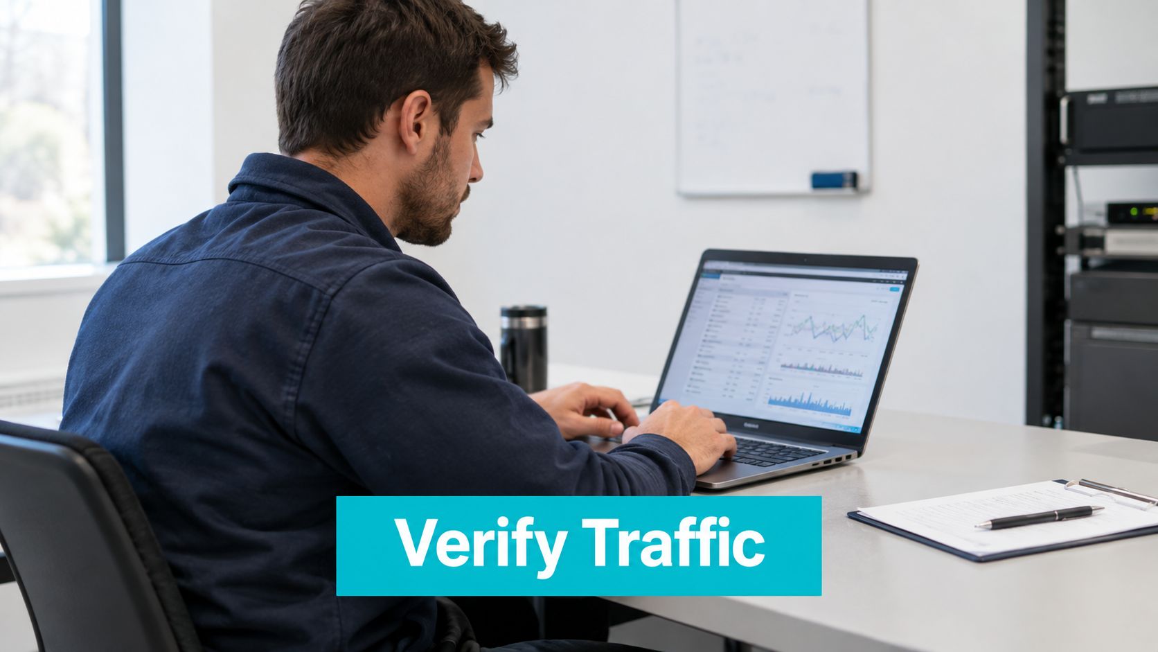 A professional analyzing data and web traffic charts on a laptop screen while working at a desk.