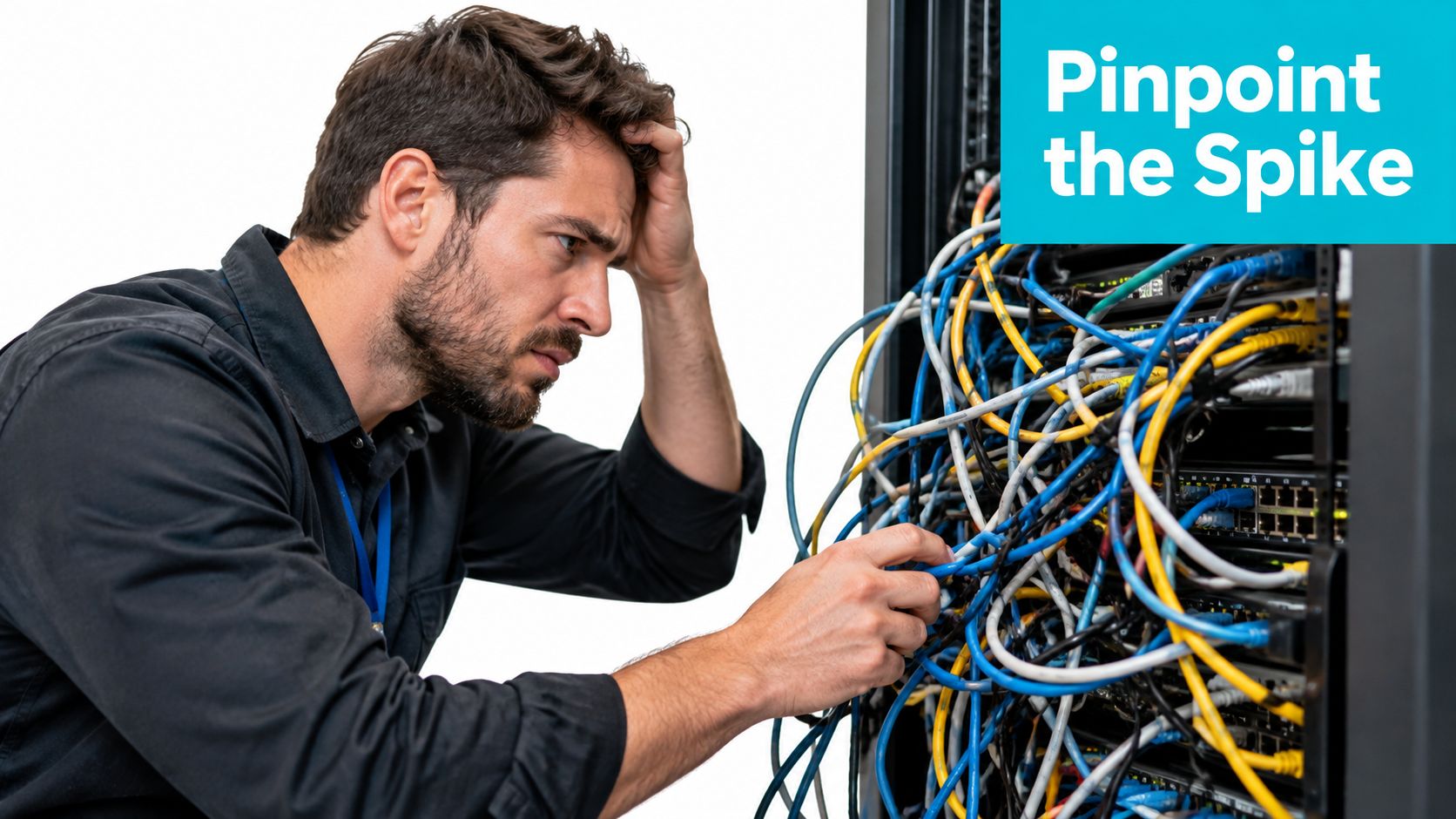 A frustrated IT technician examining a chaotic tangle of ethernet cables in a server rack.