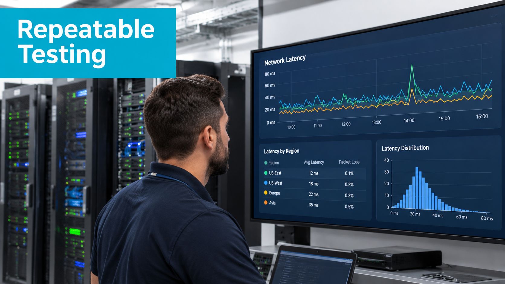 A data center engineer monitors real-time network latency metrics and server performance data on a large screen.