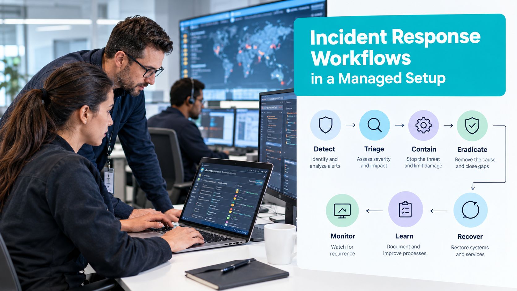 A team of security professionals working at a computer station while reviewing an incident response workflow diagram.