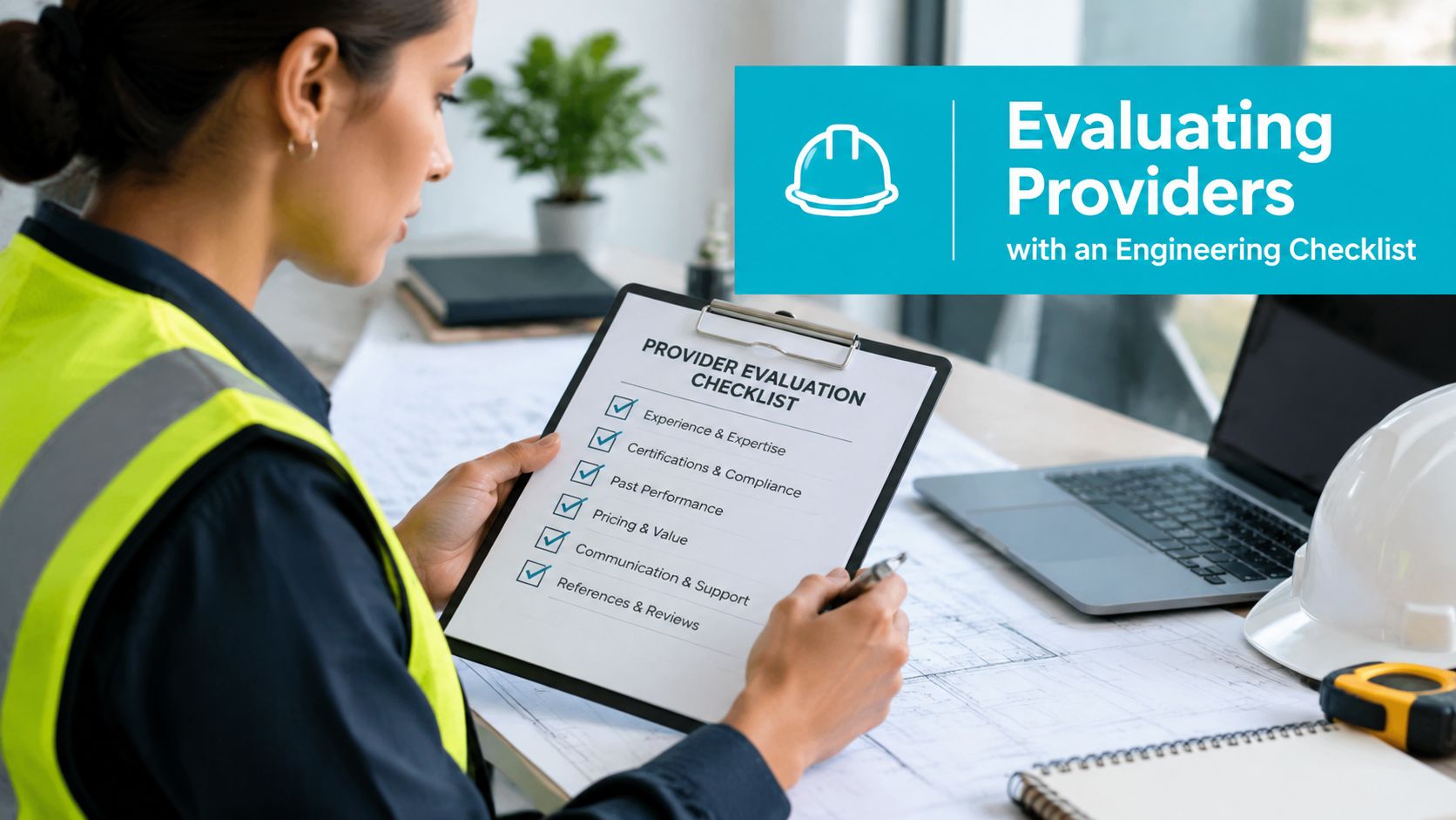 A professional engineer in a high-visibility vest reviews a provider evaluation checklist on a clipboard.