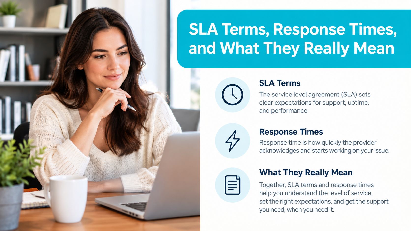 A woman working on a laptop with an infographic explaining SLA terms and service response times.