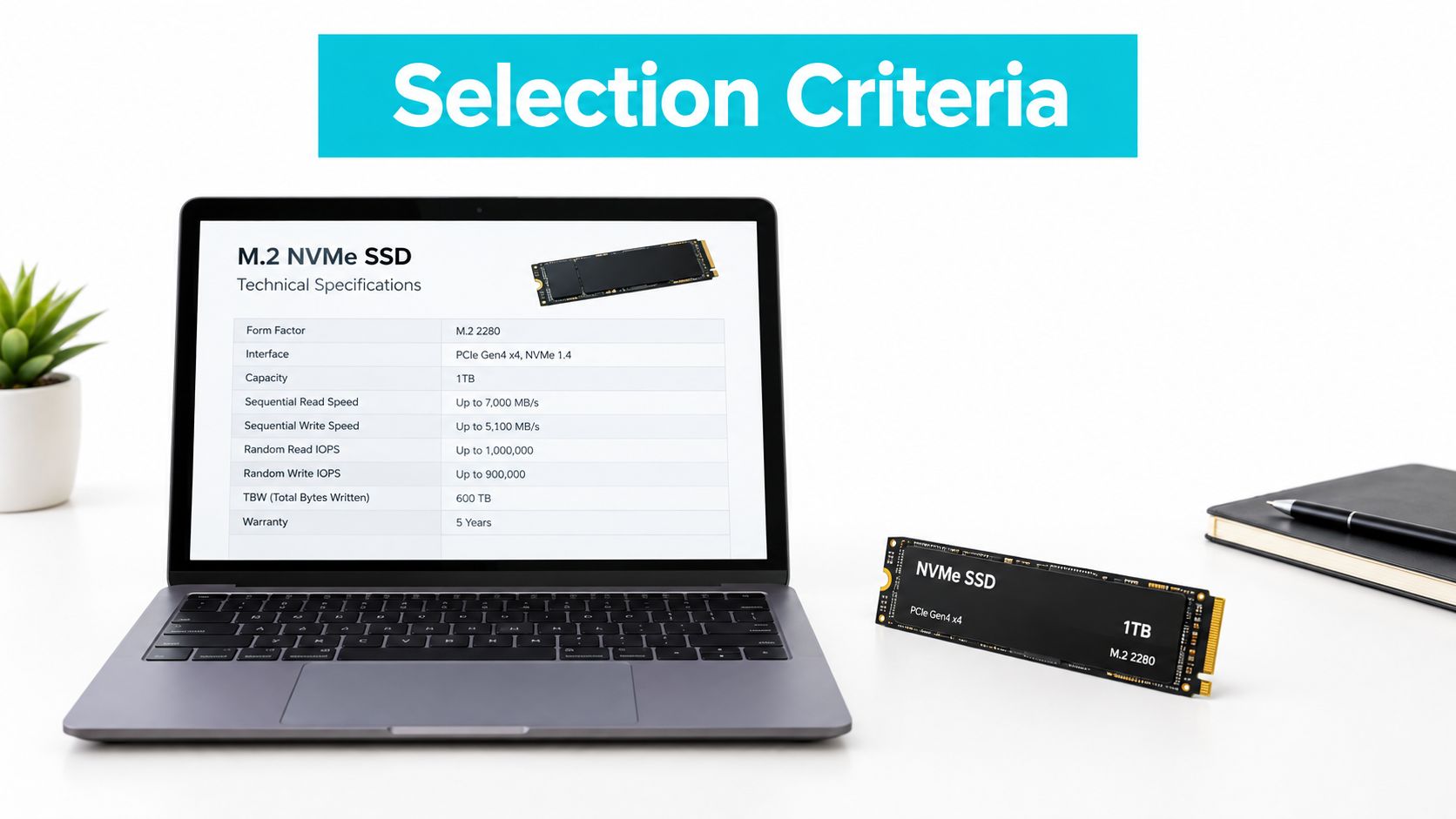 A laptop screen displaying technical specifications for a 1TB M.2 NVMe SSD next to an actual drive.