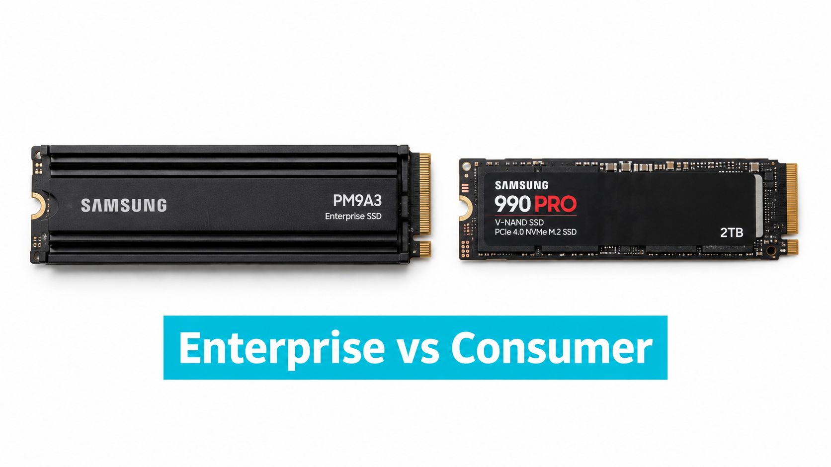 A studio shot comparing a Samsung PM9A3 enterprise SSD and a Samsung 990 PRO consumer NVMe SSD.