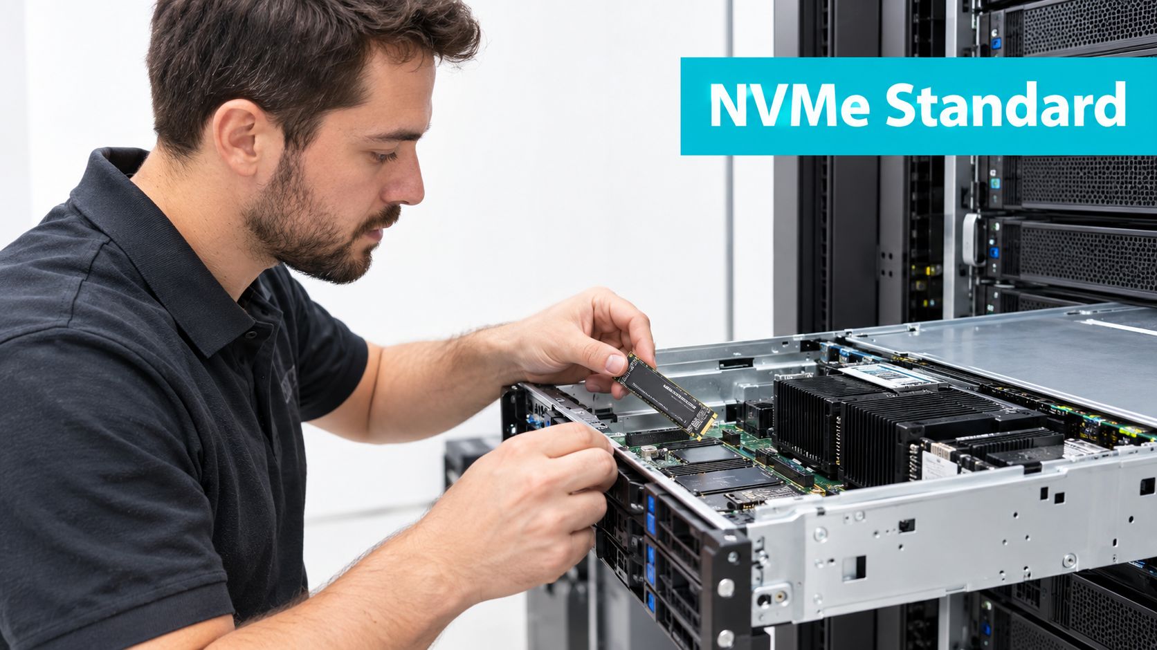 A professional technician installing an NVMe SSD drive into a high-performance server rack in a data center.
