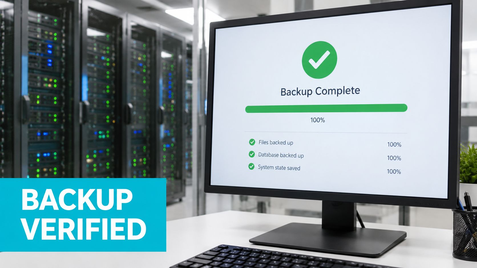 A computer screen in a server room displaying a successful backup complete message with green status.