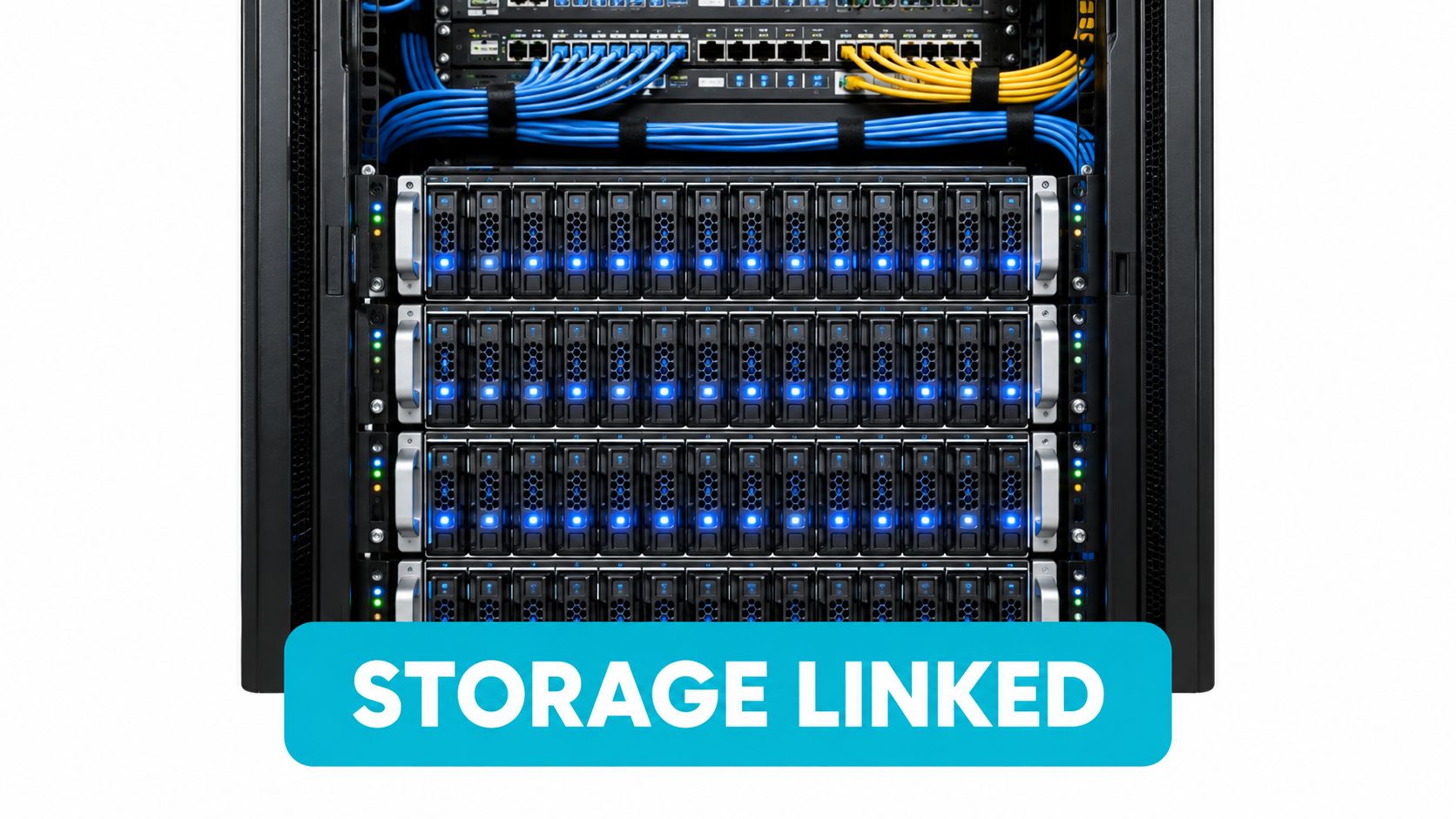 A high-capacity enterprise data storage server rack with multiple hard drive bays glowing with blue lights.