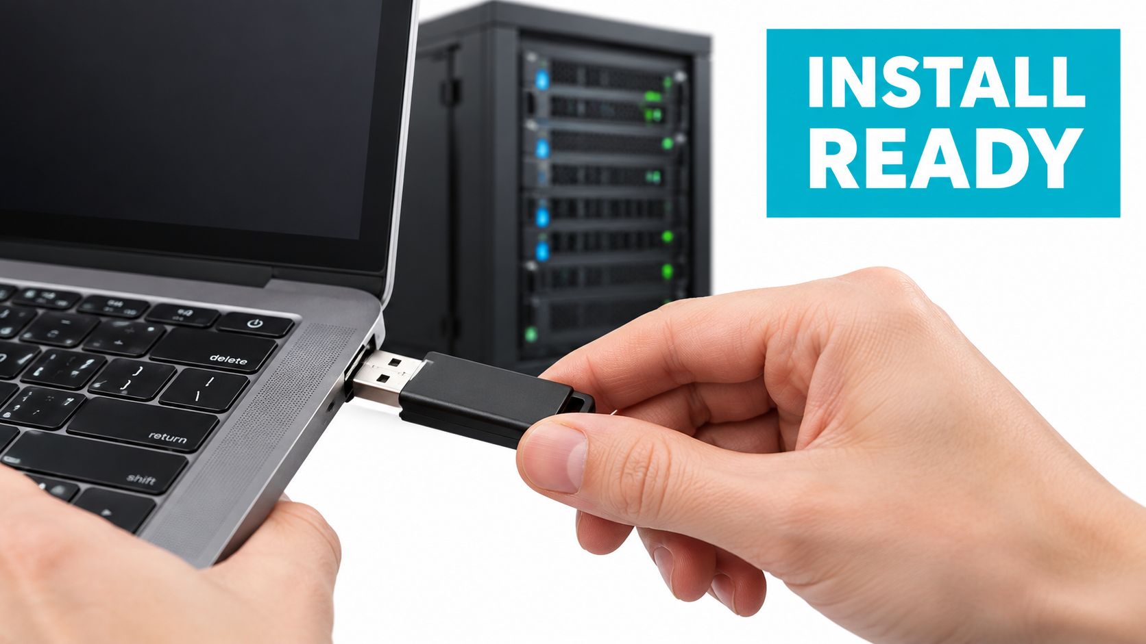 A hand inserting a black USB flash drive into a laptop near a server unit