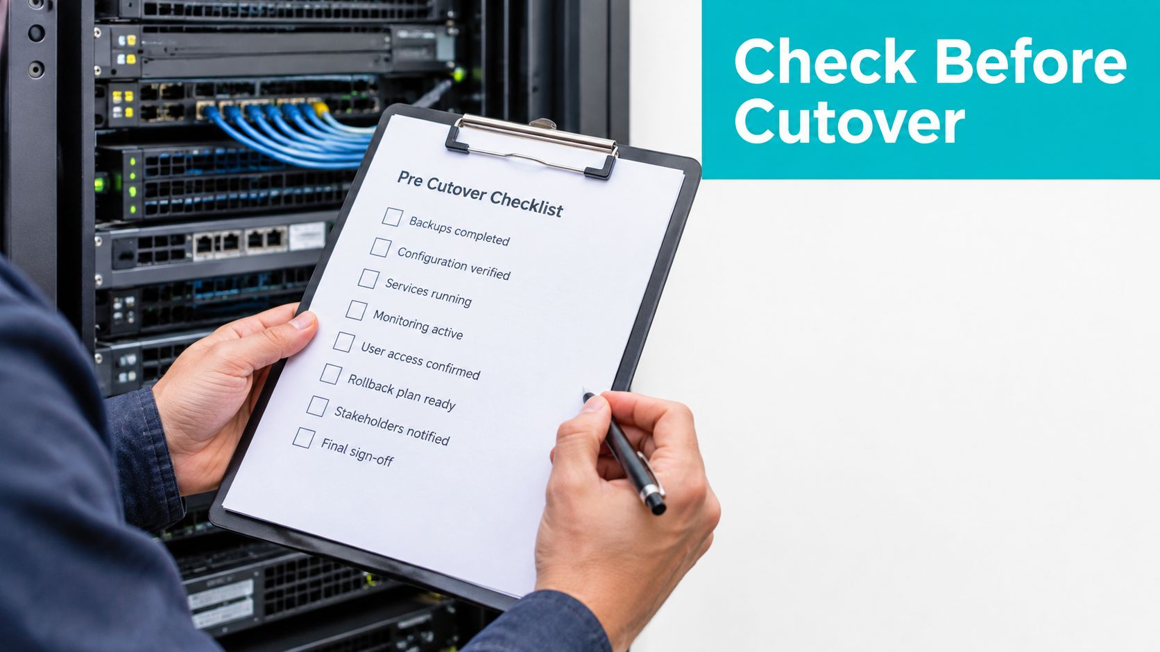 A technician holds a clipboard with a pre-cutover checklist in front of a network server rack.