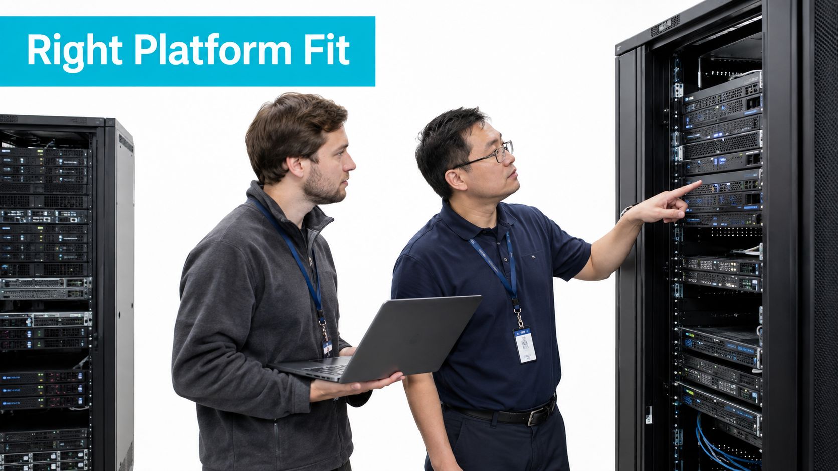 Two professional technicians inspecting and configuring server hardware racks in a modern data center environment.