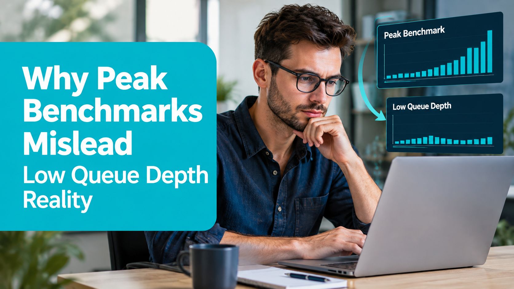 A man looking thoughtfully at his laptop screen displaying performance graphs comparing peak benchmarks and queue depths.