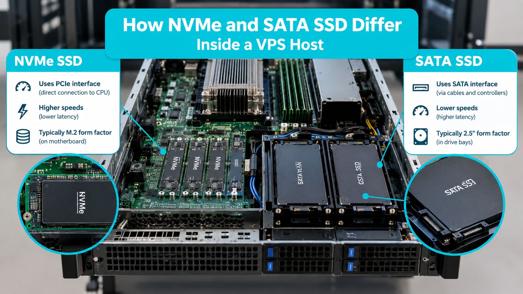 A technical diagram comparing NVMe and SATA SSD storage technologies inside a server host motherboard setup.