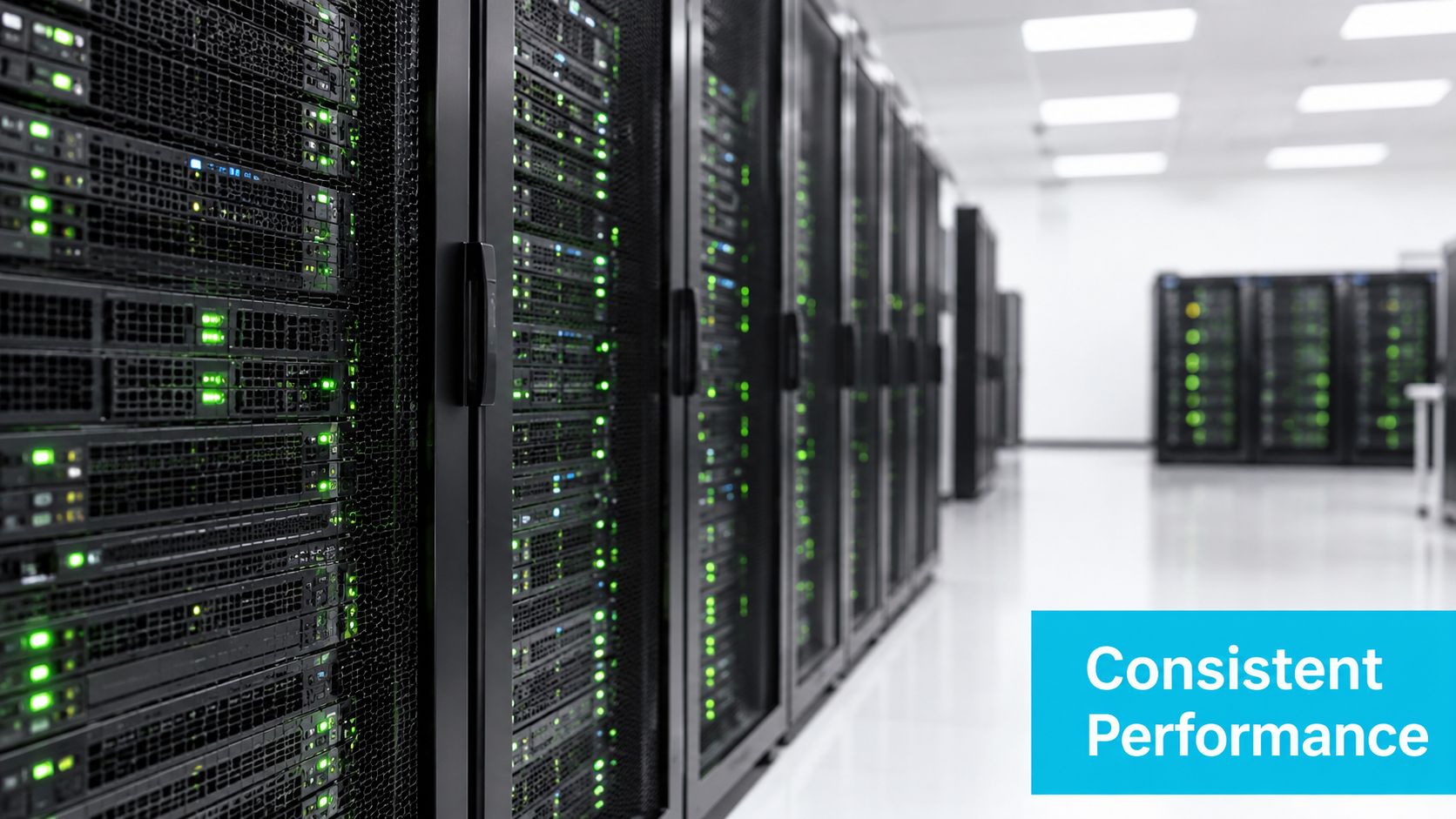 A modern data center featuring rows of server racks with active green lights indicating operational server systems.