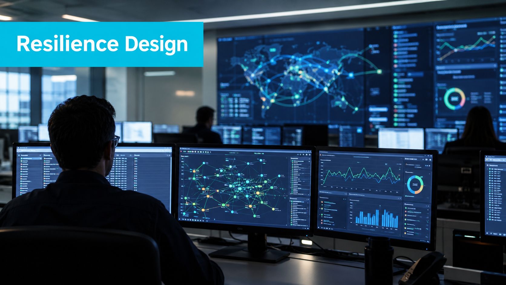 A professional IT security specialist monitoring network operations in a high-tech security operations center with multiple screens.