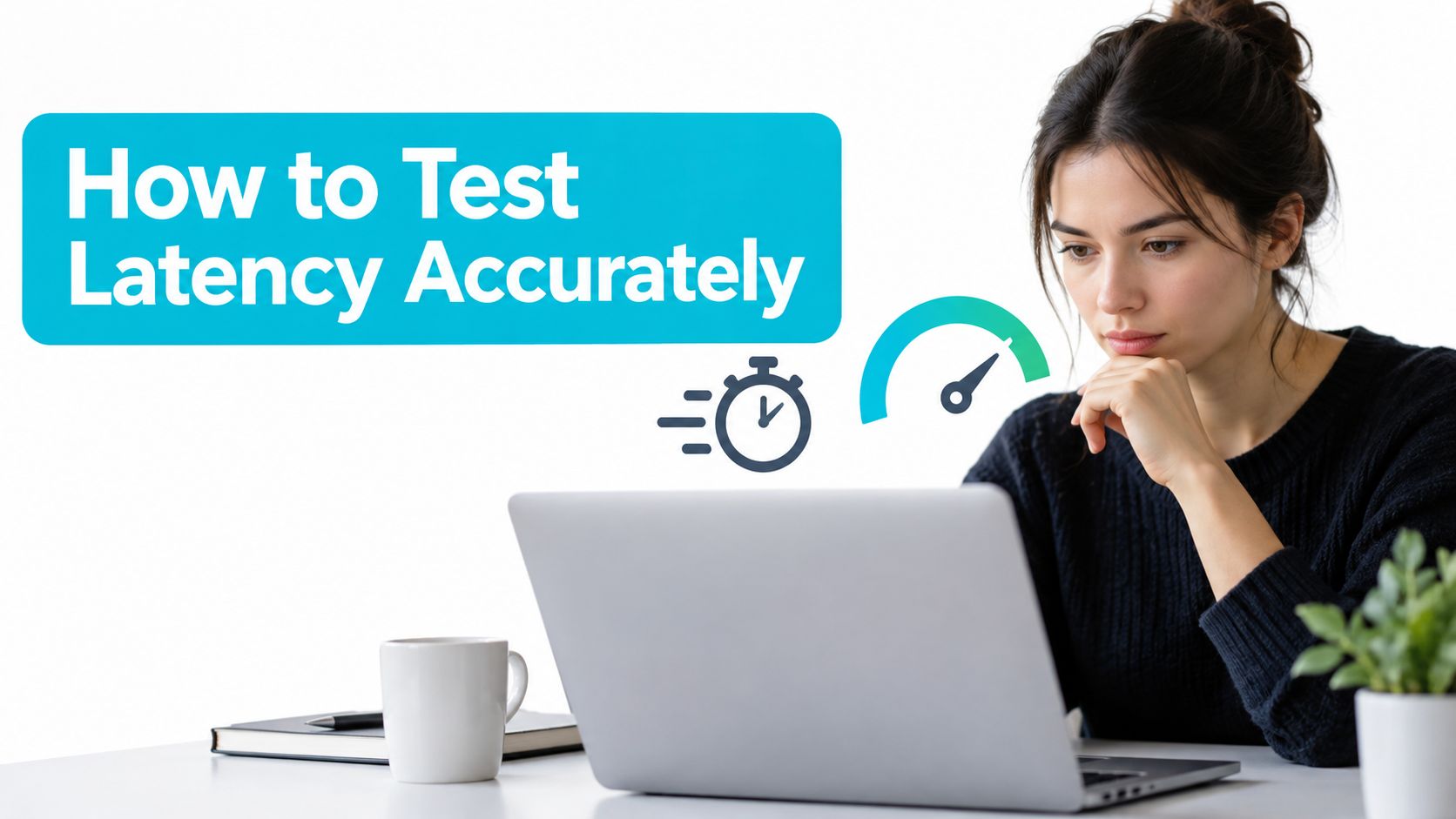 A woman working on a laptop with an overlay graphic about testing network latency accurately.