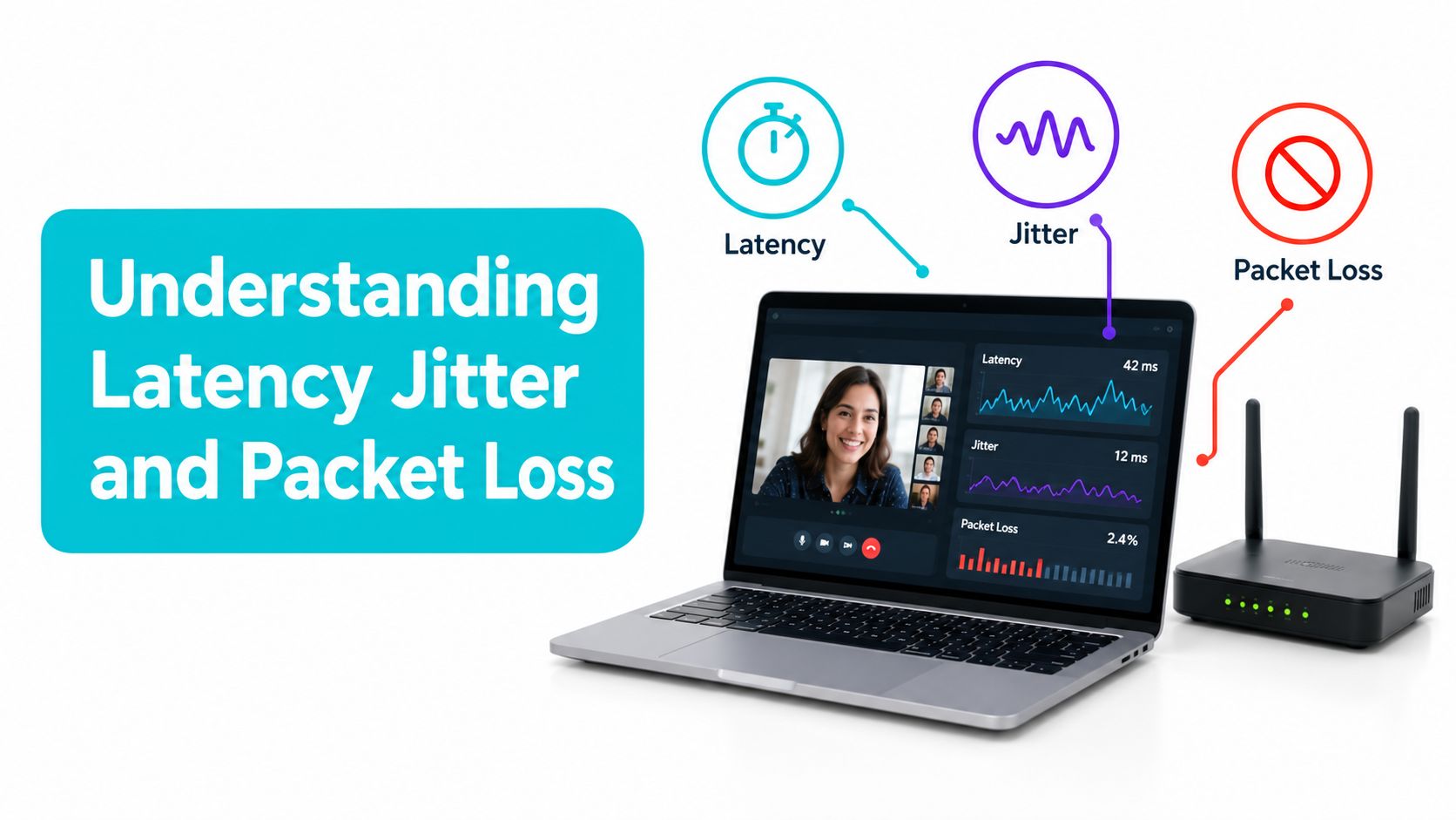 A laptop showing video conferencing network statistics including latency, jitter, and packet loss near a router.