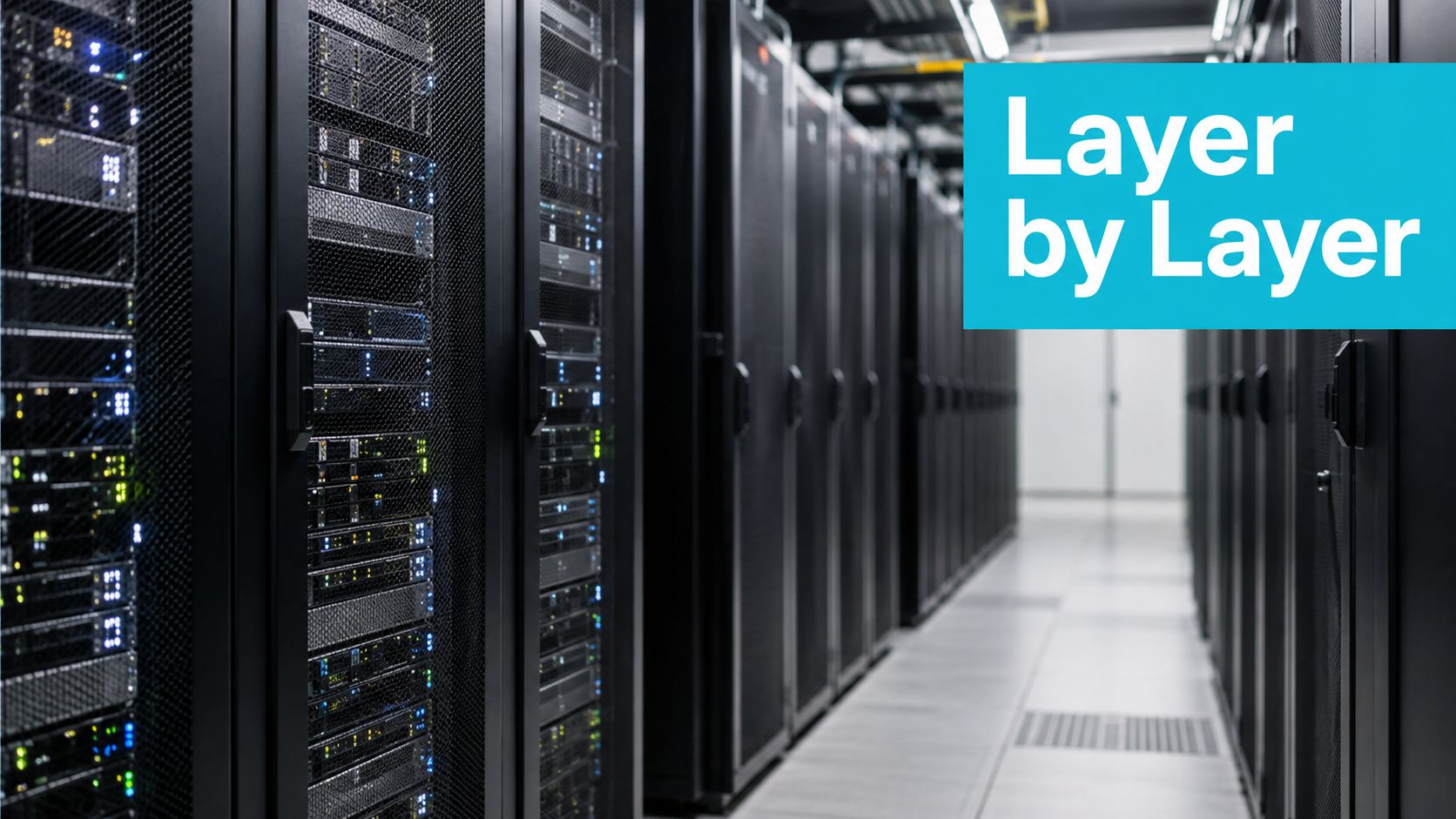 Rows of server racks inside a data center, with a blue graphic overlay displaying the text Layer by Layer.