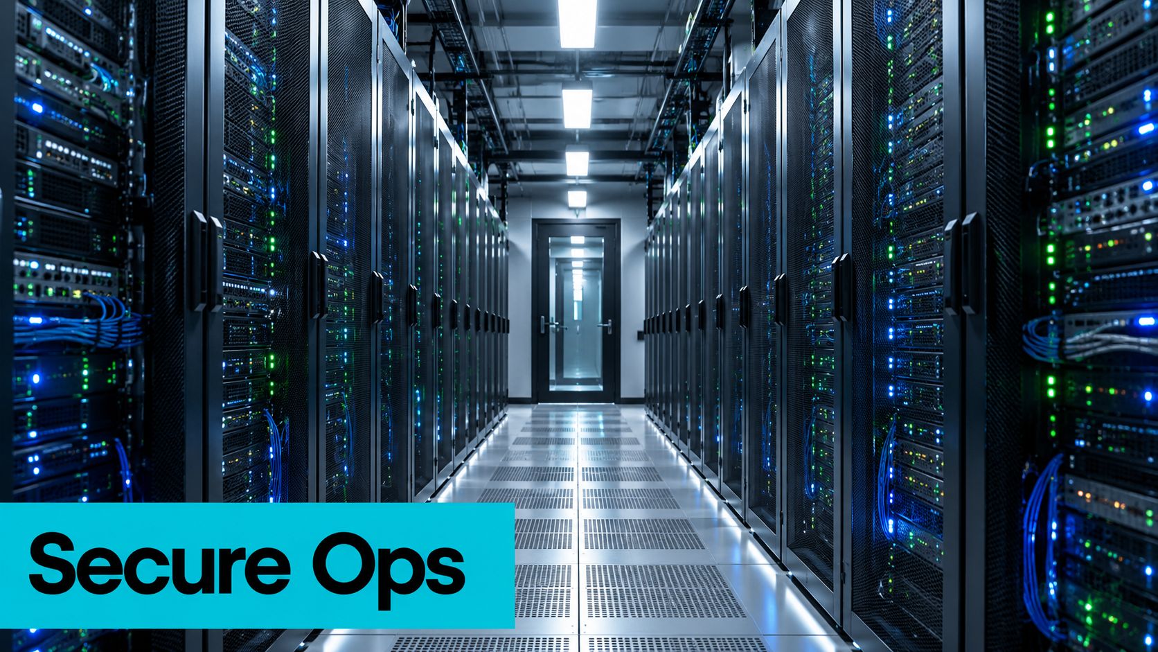 Rows of illuminated server racks lining a modern data center aisle, showcasing advanced technical infrastructure.