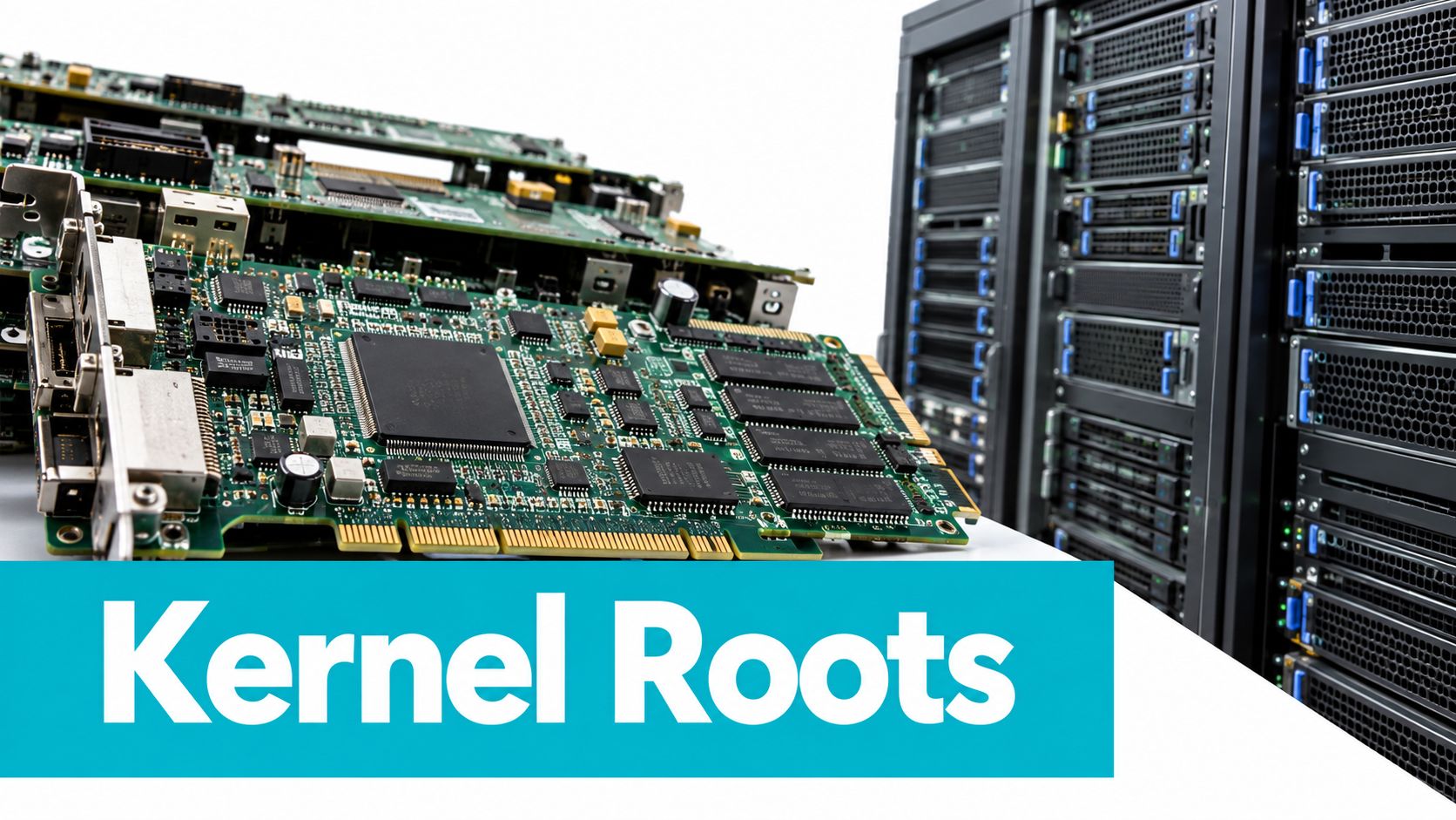 A close-up view of computer circuit boards placed in front of a modern server rack enclosure.