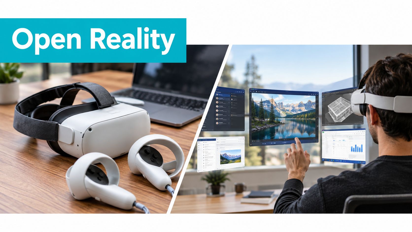 A split image showing a virtual reality headset and controllers alongside a person using a VR interface.