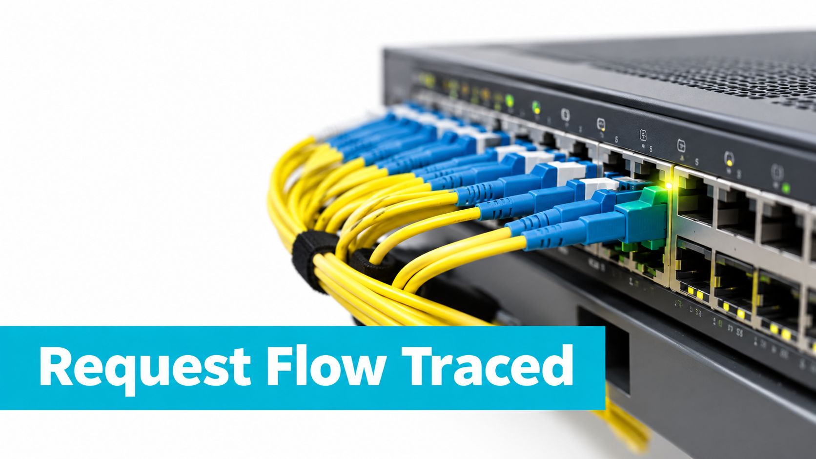 A close-up view of a network switch with many blue ethernet cables plugged into the front ports.