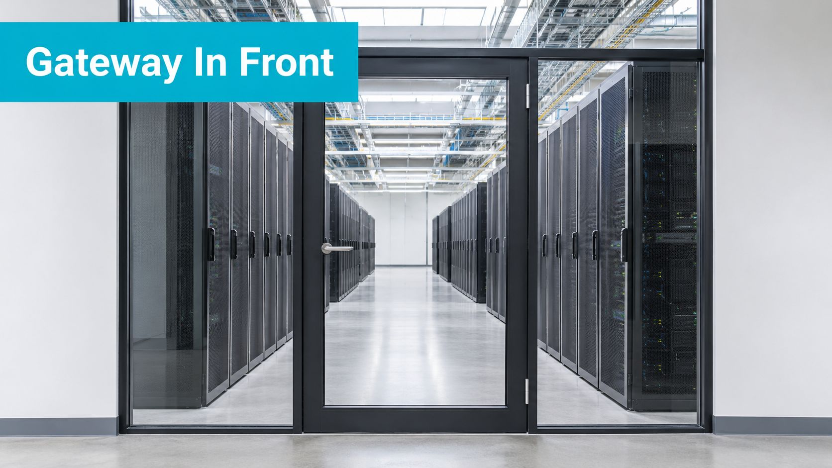 The entryway to a modern, secure server room filled with rows of black metallic server rack cabinets.