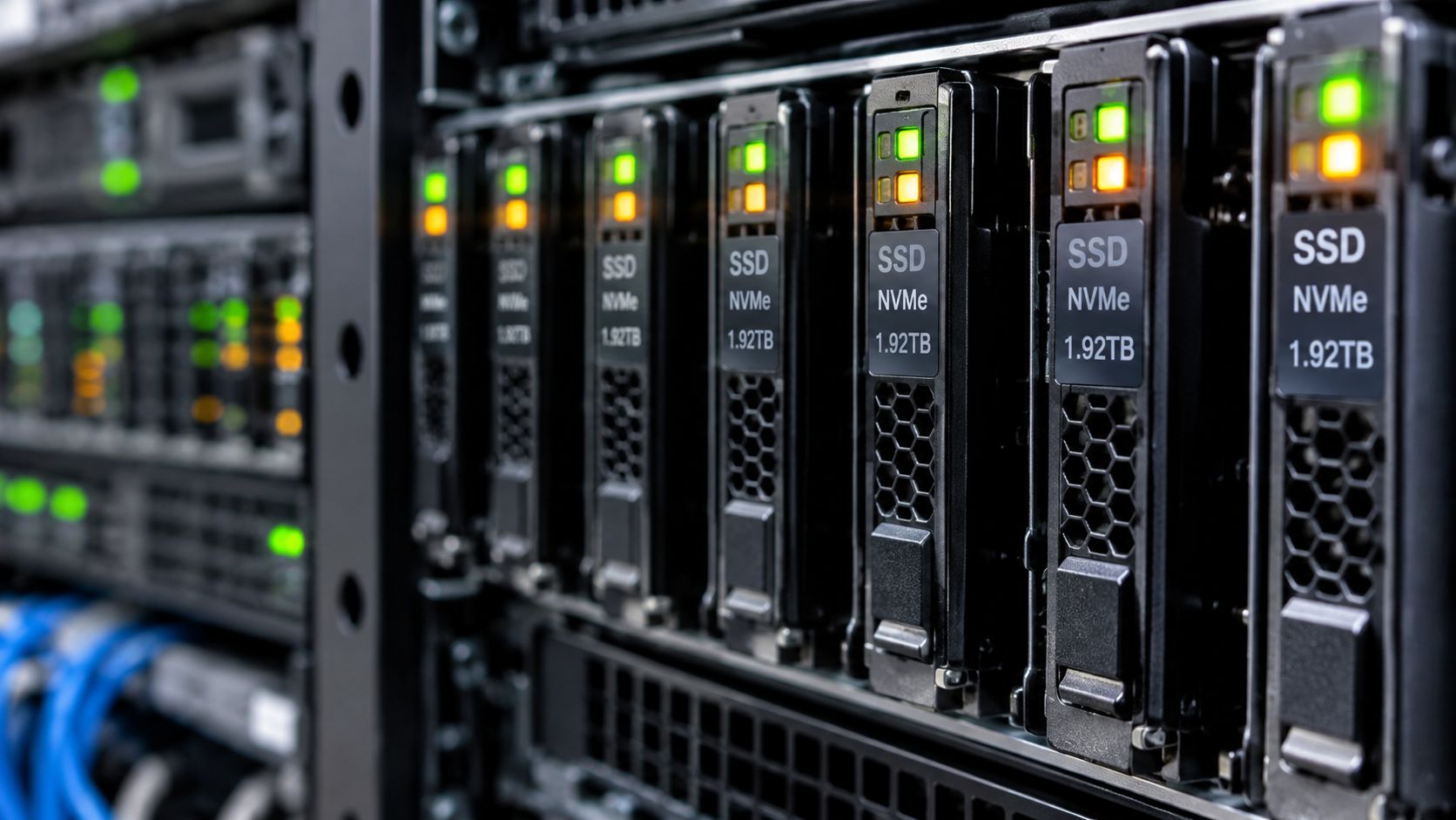 A close-up of enterprise SSDs in a server rack, representing the storage used for swap memory.