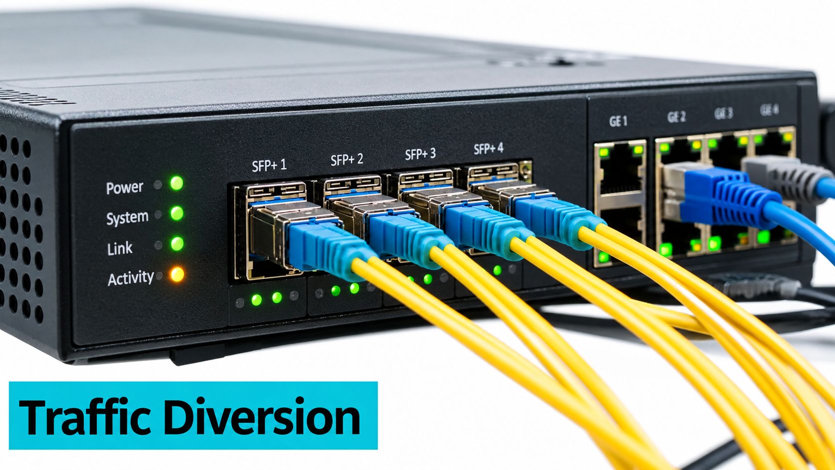 A close-up view of a network switch with fiber optic cables connected to SFP ports.