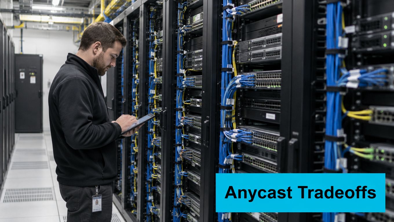 A technician using a tablet while working on a network server rack in a modern data center.