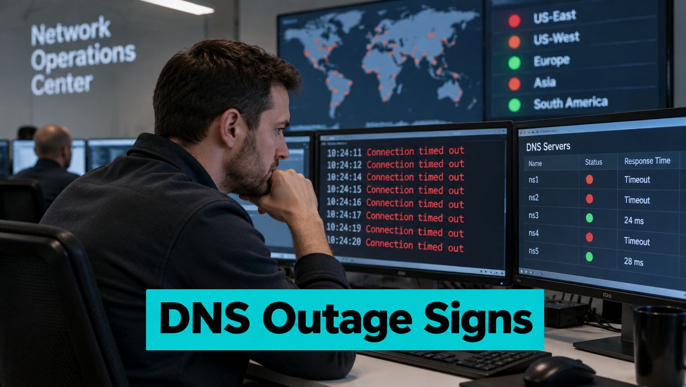 A network operations center worker monitoring a computer screen displaying DNS server timeout and connection errors.