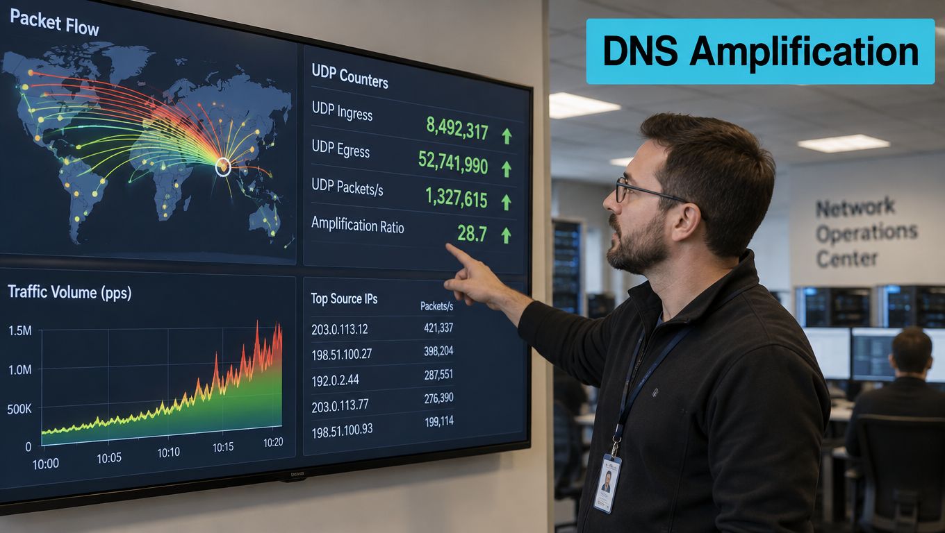 A technician points to a digital screen displaying live data analytics of a massive DNS amplification cyberattack.