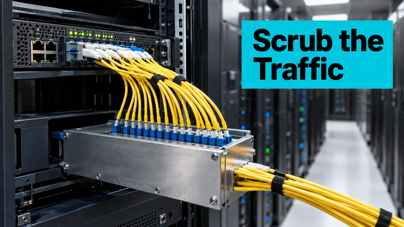 A close-up of yellow fiber optic network cables connected to a server rack in a data center.