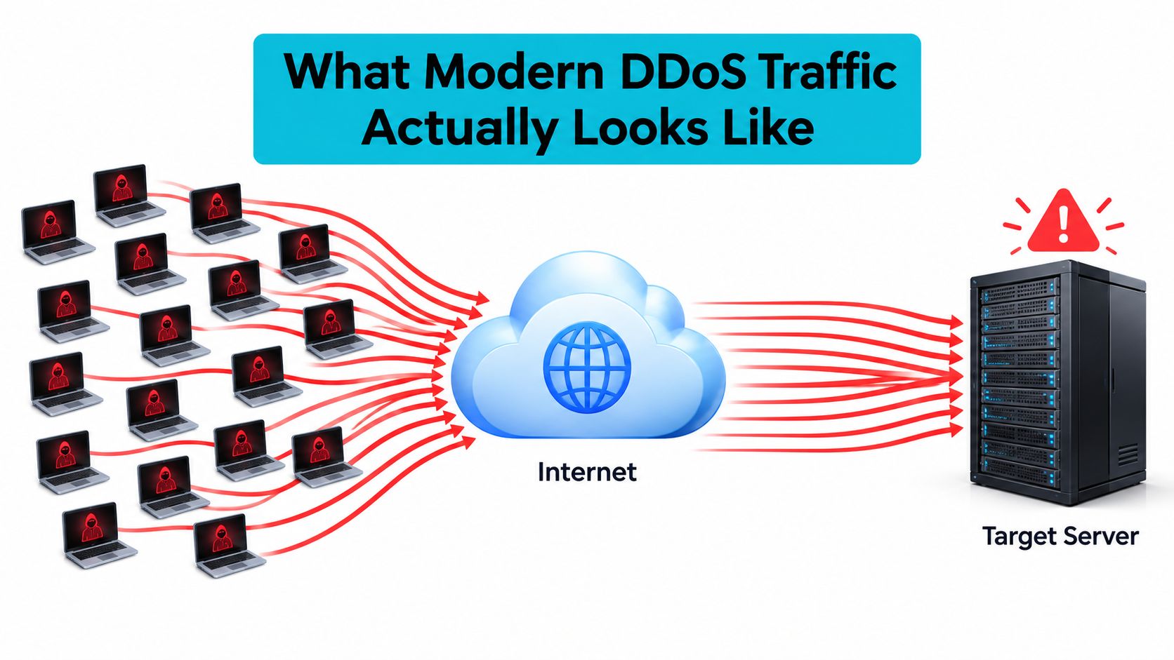 A diagram illustrating a DDoS attack with compromised computers sending malicious traffic to a target server via Internet.