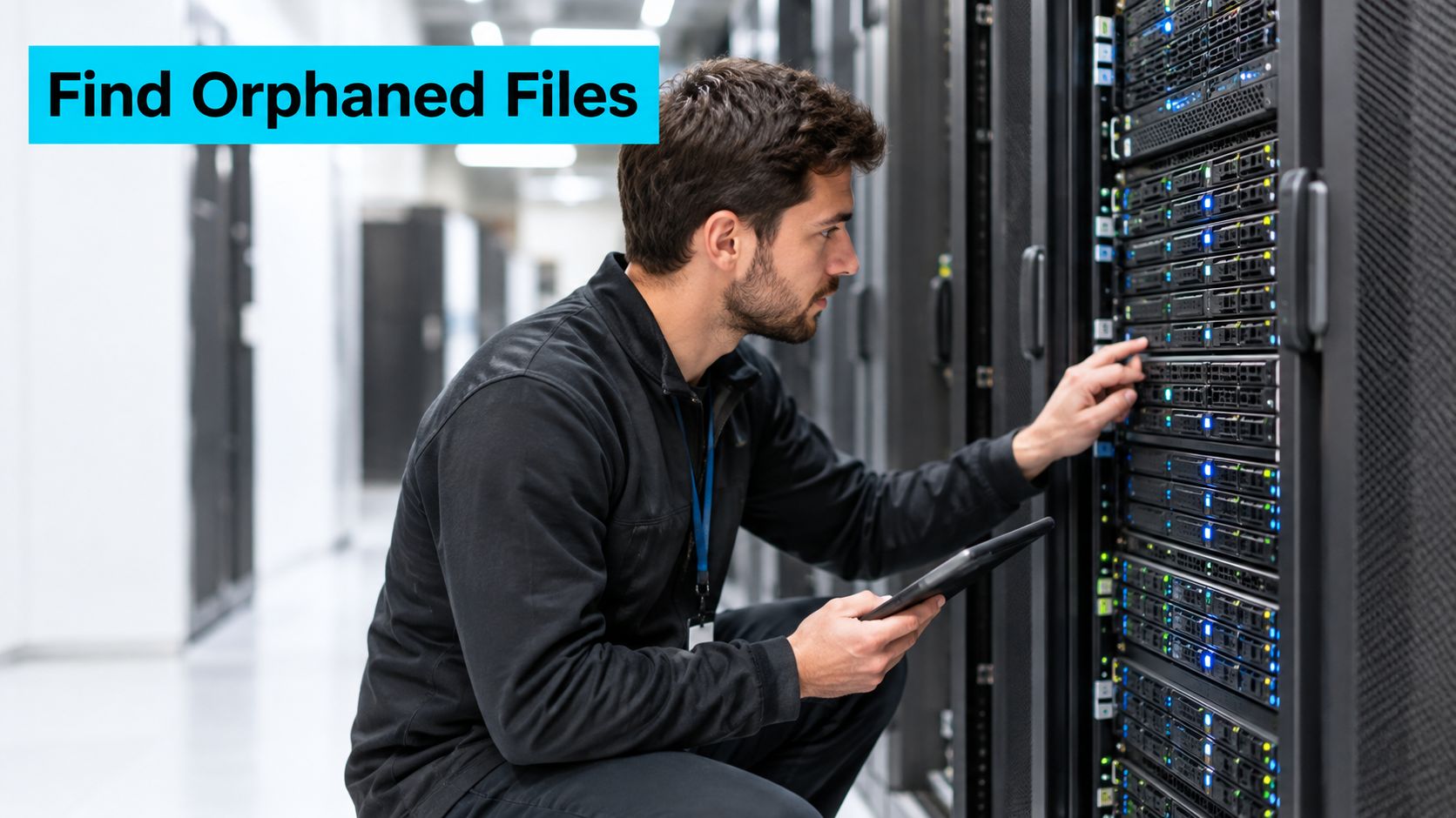 A male IT technician inspecting and maintaining server rack equipment in a modern, professional data center.