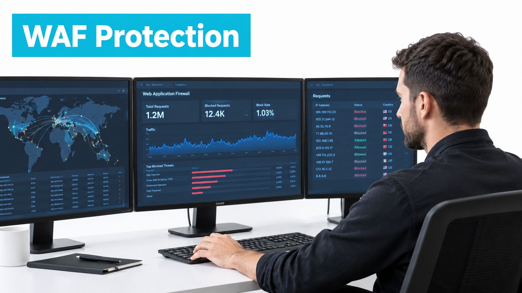 A cybersecurity professional monitoring a web application firewall dashboard on three computer screens in an office.