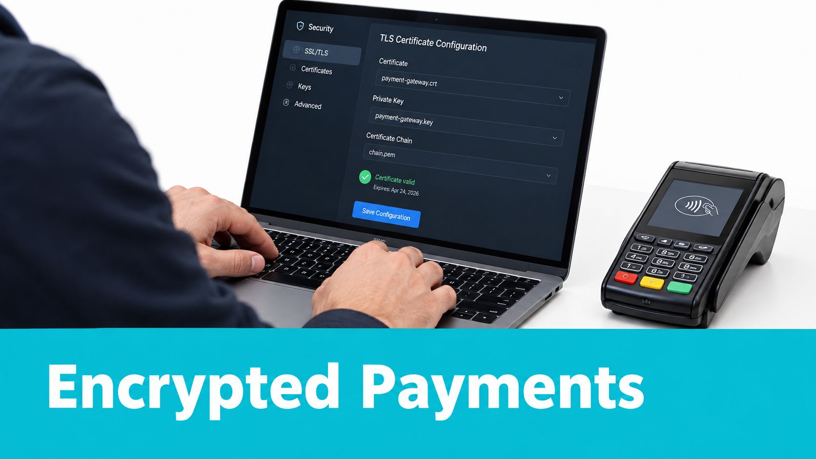 A person configuring TLS security settings on a laptop next to a modern credit card payment terminal.