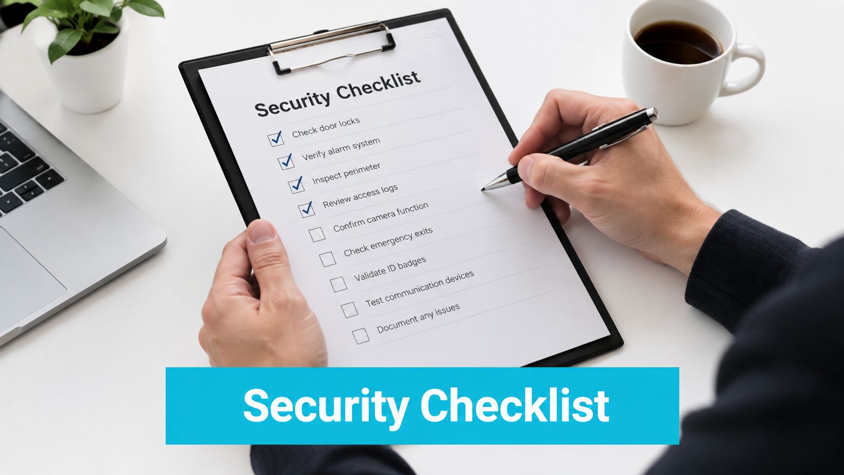 A professional holding a clipboard with a security checklist while marking items off with a pen.