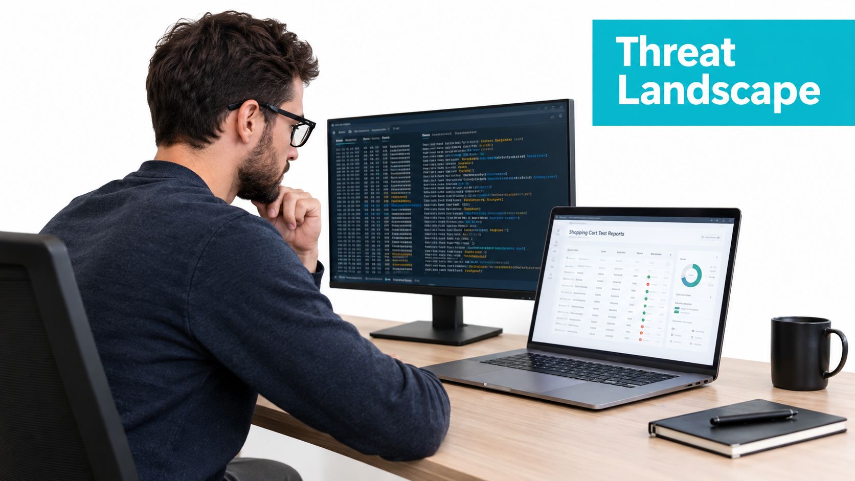 A professional software developer analyzing ecommerce site security risks on dual computer screens in a bright office.