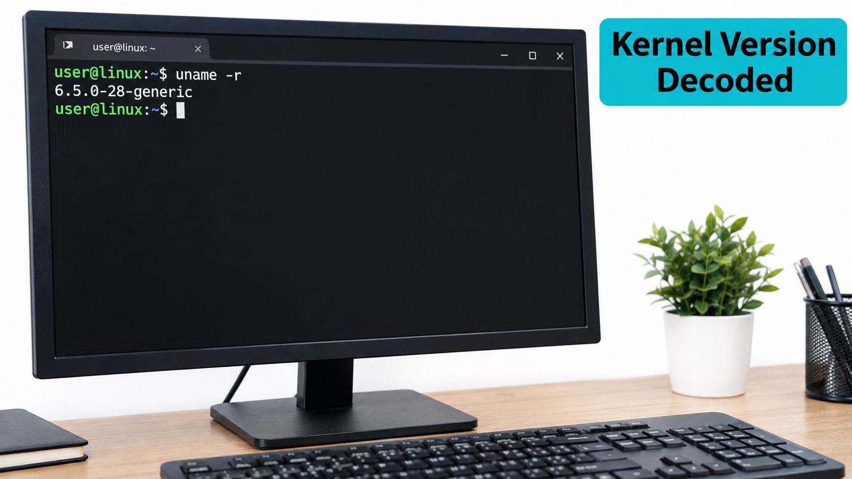 A computer monitor displaying the terminal command uname -r to check the Linux kernel version.