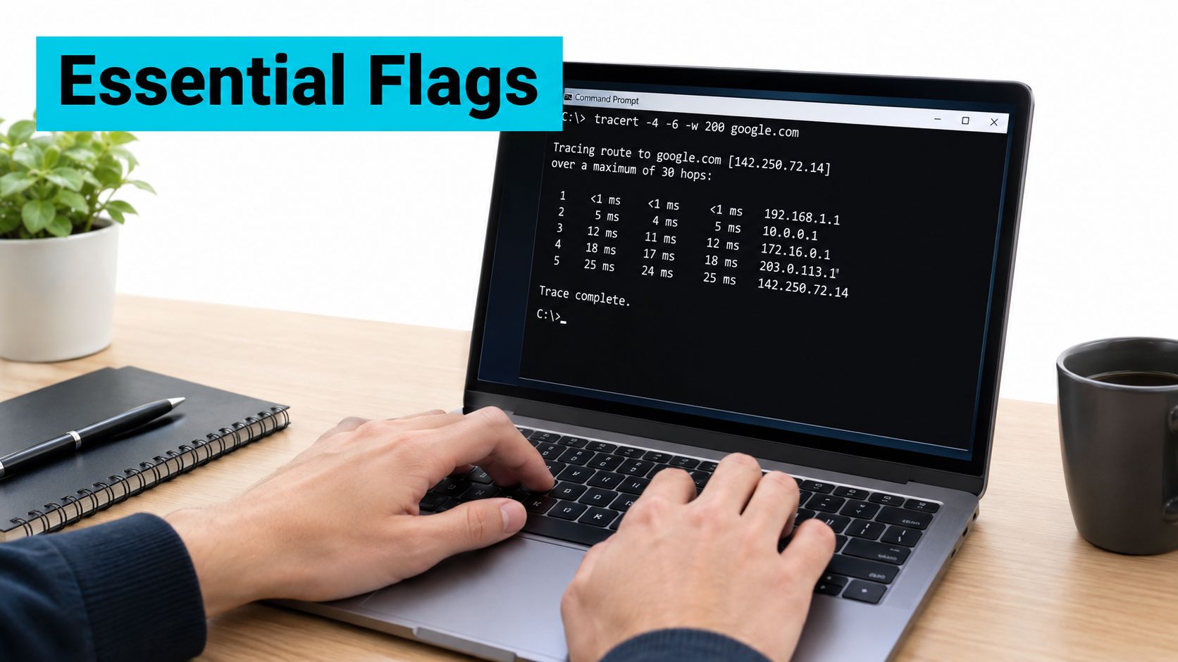 A person sitting at a desk typing a tracert command into a laptop terminal window.