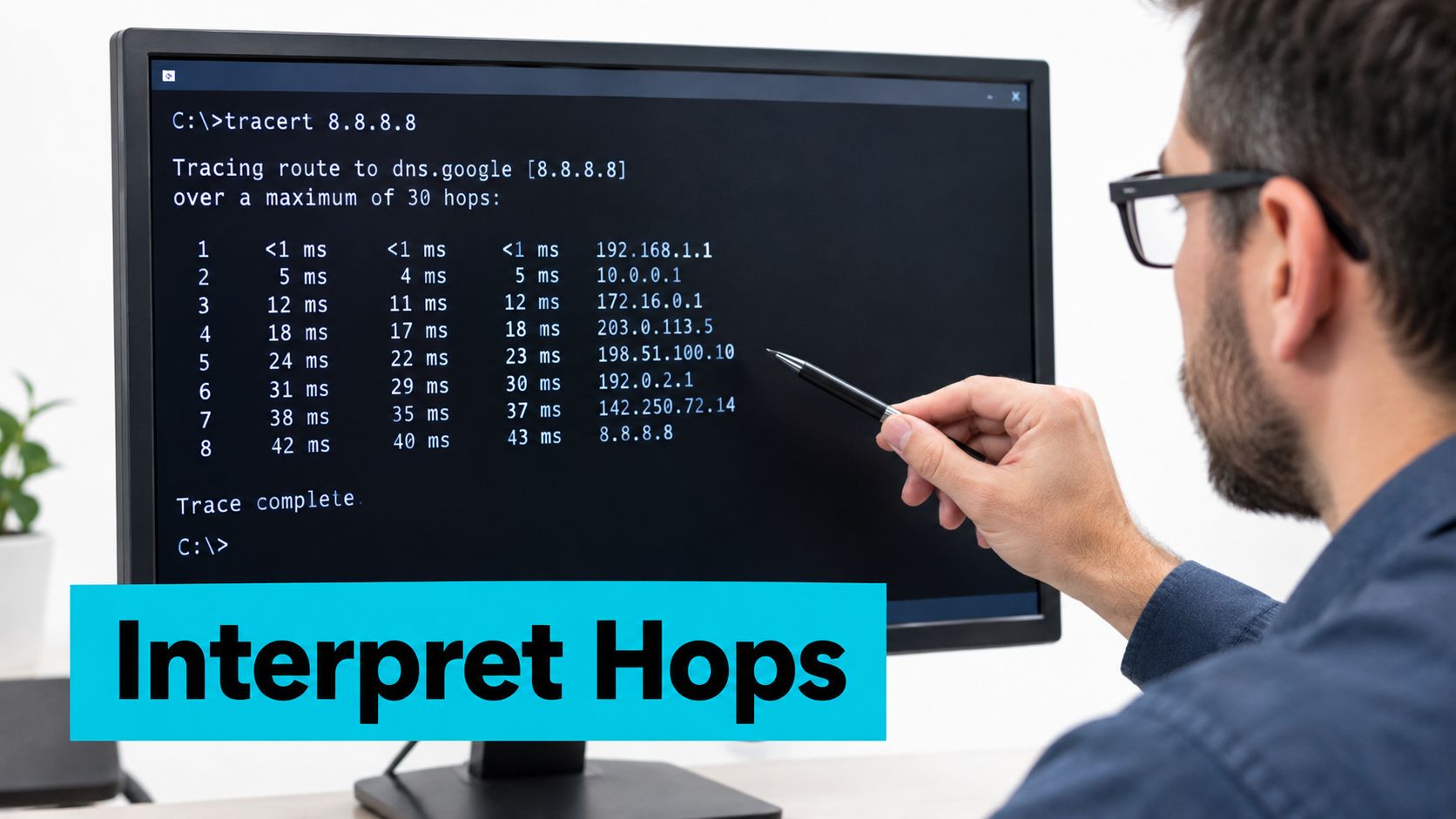 A person pointing at a computer monitor displaying a traceroute command showing network path hops.