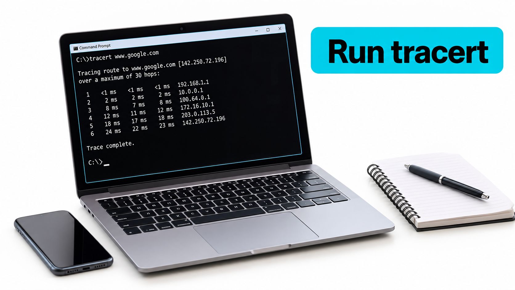 A laptop screen displaying the tracert command results for google.com next to a notebook and phone.