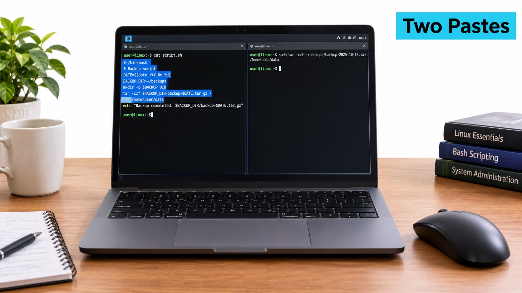 Laptop screen showing two terminal windows with bash scripting code on a wooden office desk setup.