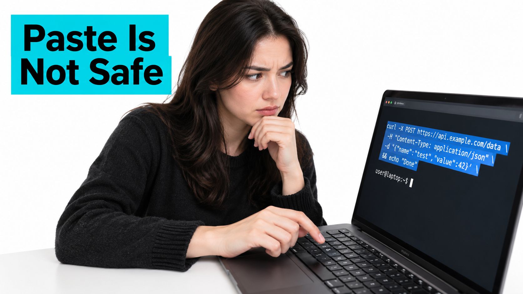 A concerned woman sitting at a laptop contemplating a potentially dangerous command in a Linux terminal.