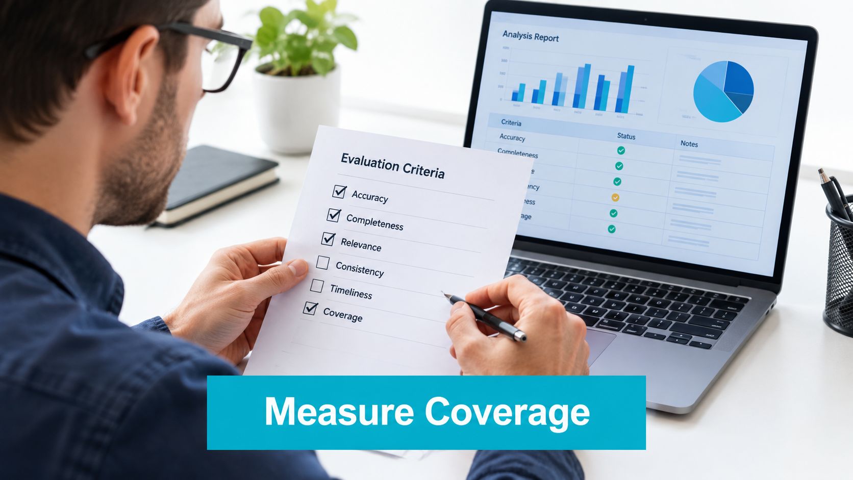 A professional analyzing evaluation criteria on a paper checklist while working on a laptop computer