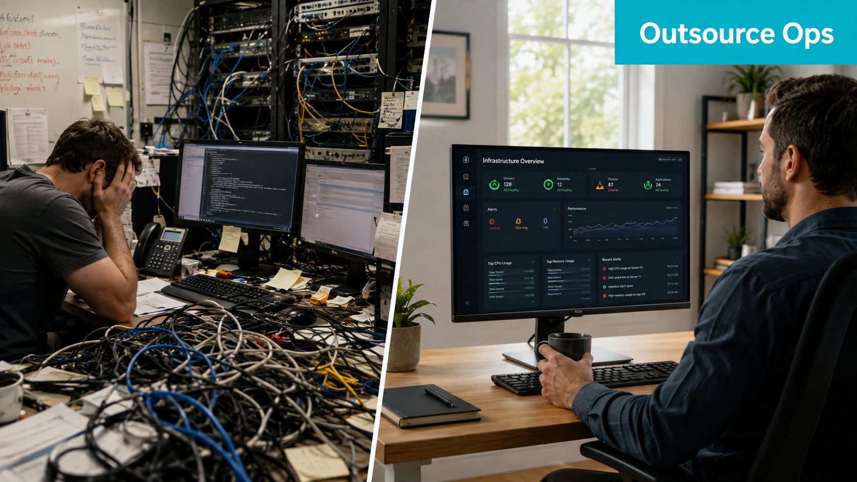 A split image contrasting a chaotic server room office with a calm professional remote infrastructure monitoring setup.