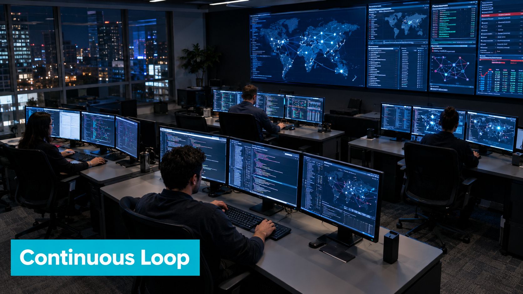 A team of security analysts monitors global network activity in a high-tech operations center at night.