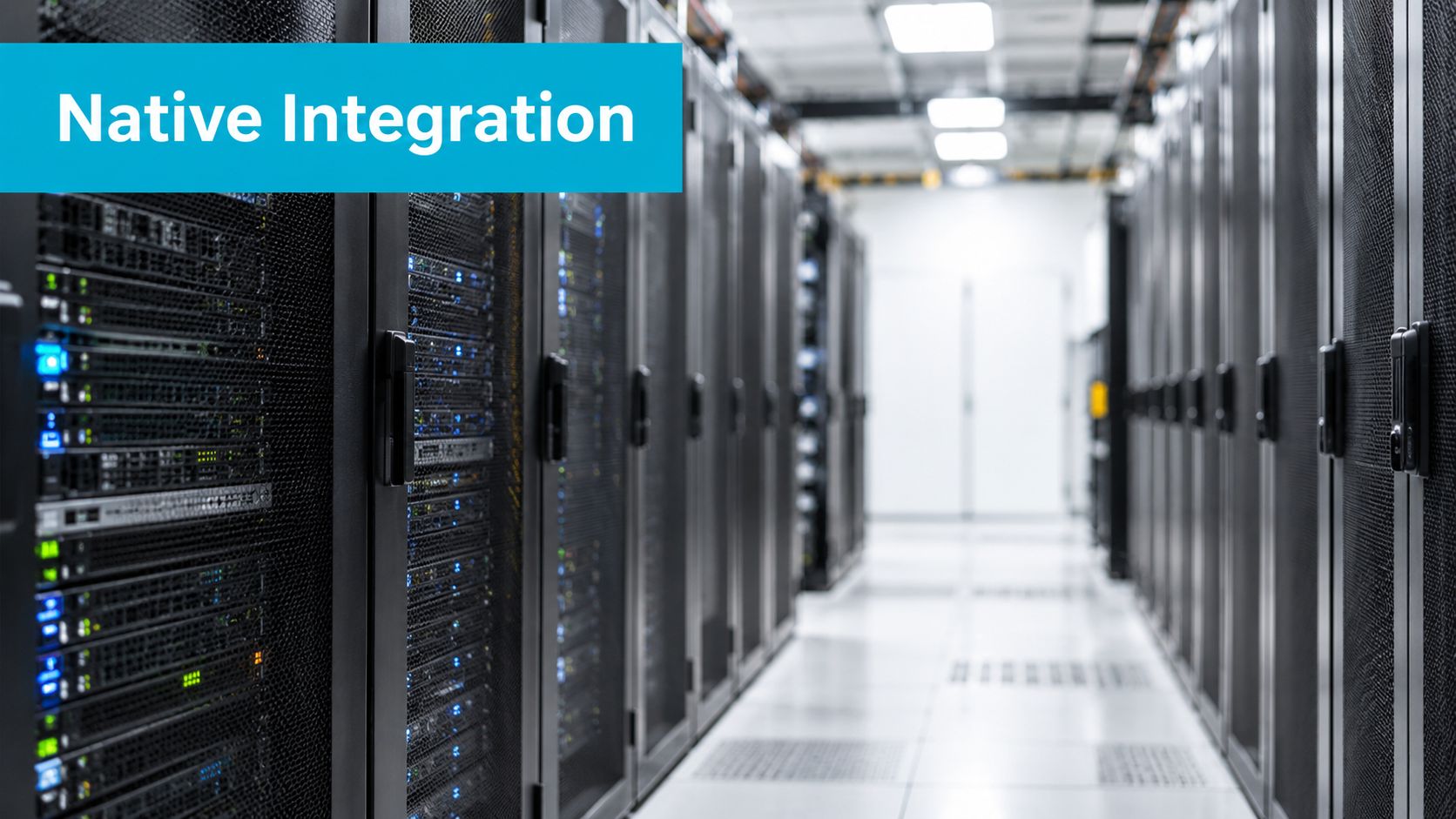 A modern data center aisle featuring rows of black server racks with blinking status indicator lights.
