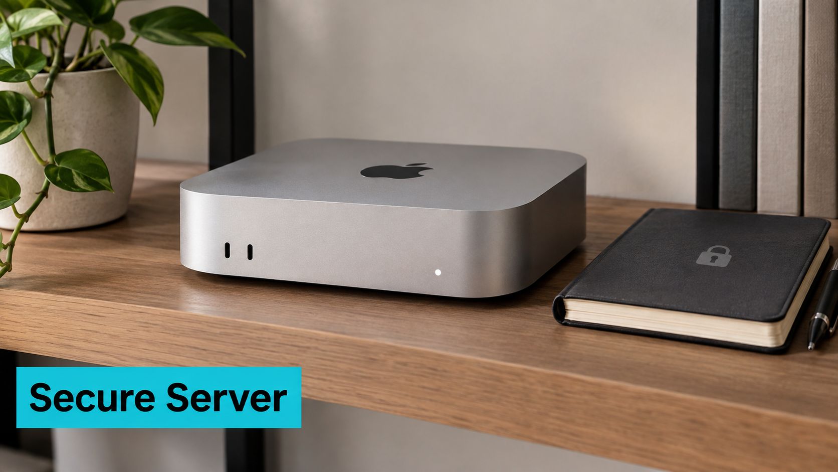 A modern silver Mac Mini computer resting on a wooden desk next to a locked notebook.