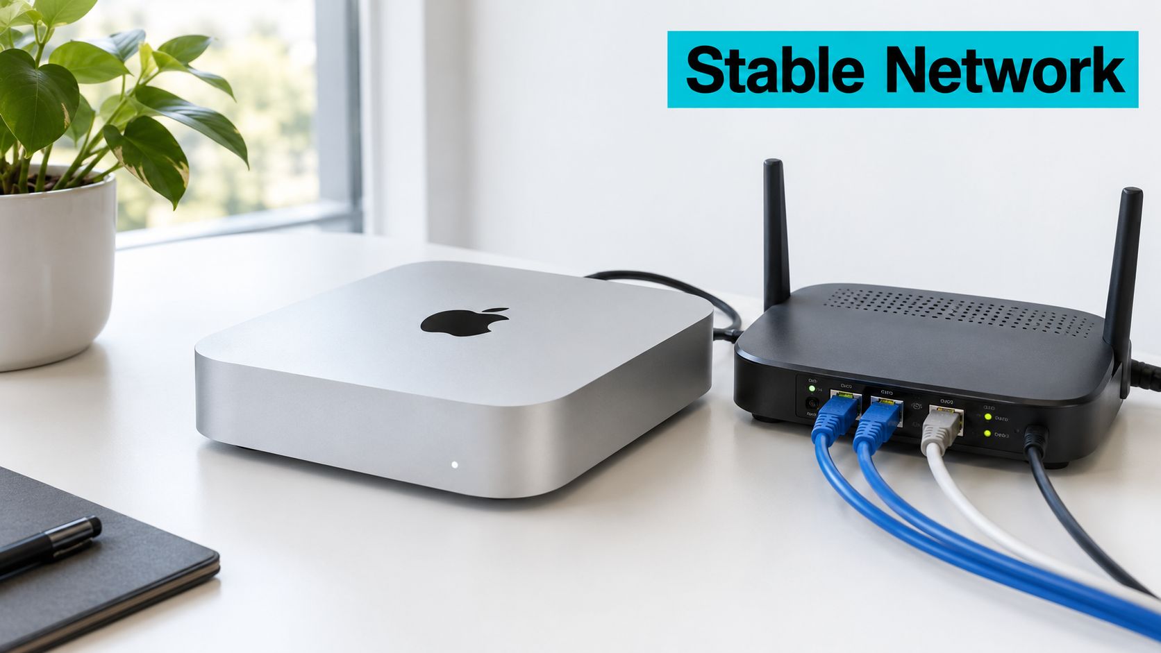 A silver Apple Mac mini computer connected via Ethernet cables to a black network router on a desk.